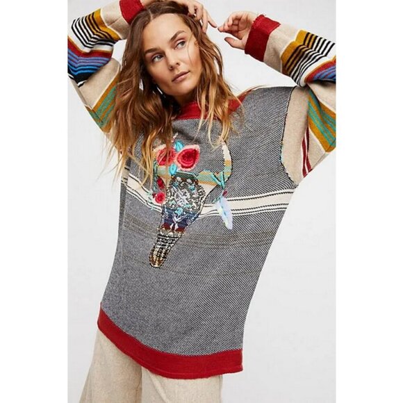 💕FREE PEOPLE💕 Desert Rose Sweater Embroidered Longhorn Colorblock Knit Medium - Picture 1 of 15